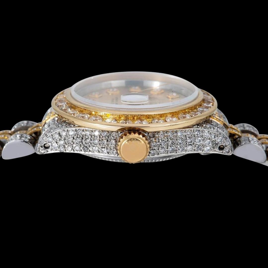 Rolex Datejust Champagne Diamond Dial Two Tone Yellow Gold Jubilee Bracelet Iced Out Moissanite Watch Crown View
