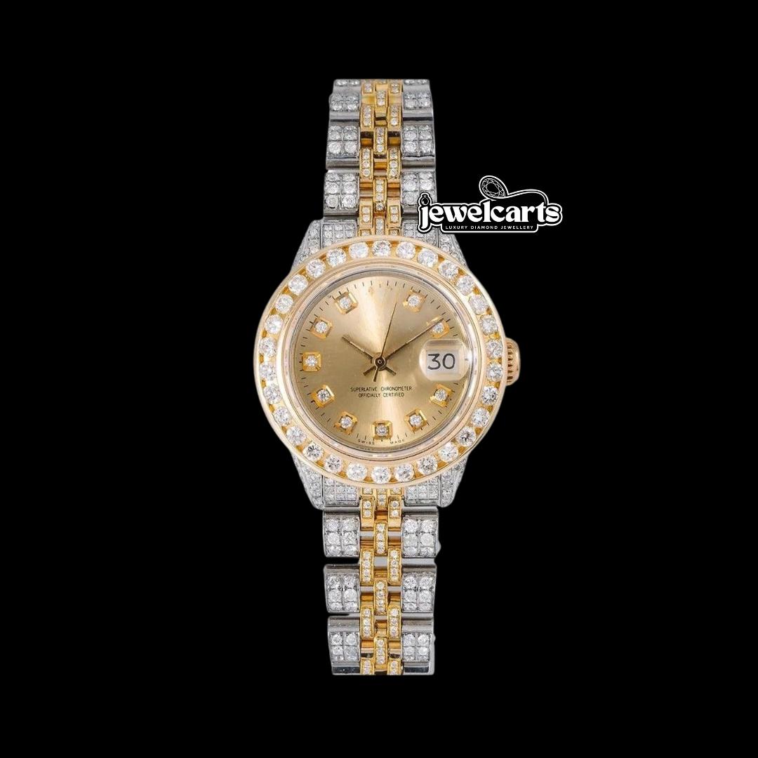 Rolex Datejust Champagne Diamond Dial Two Tone Yellow Gold Jubilee Bracelet Iced Out Moissanite Watch Front View