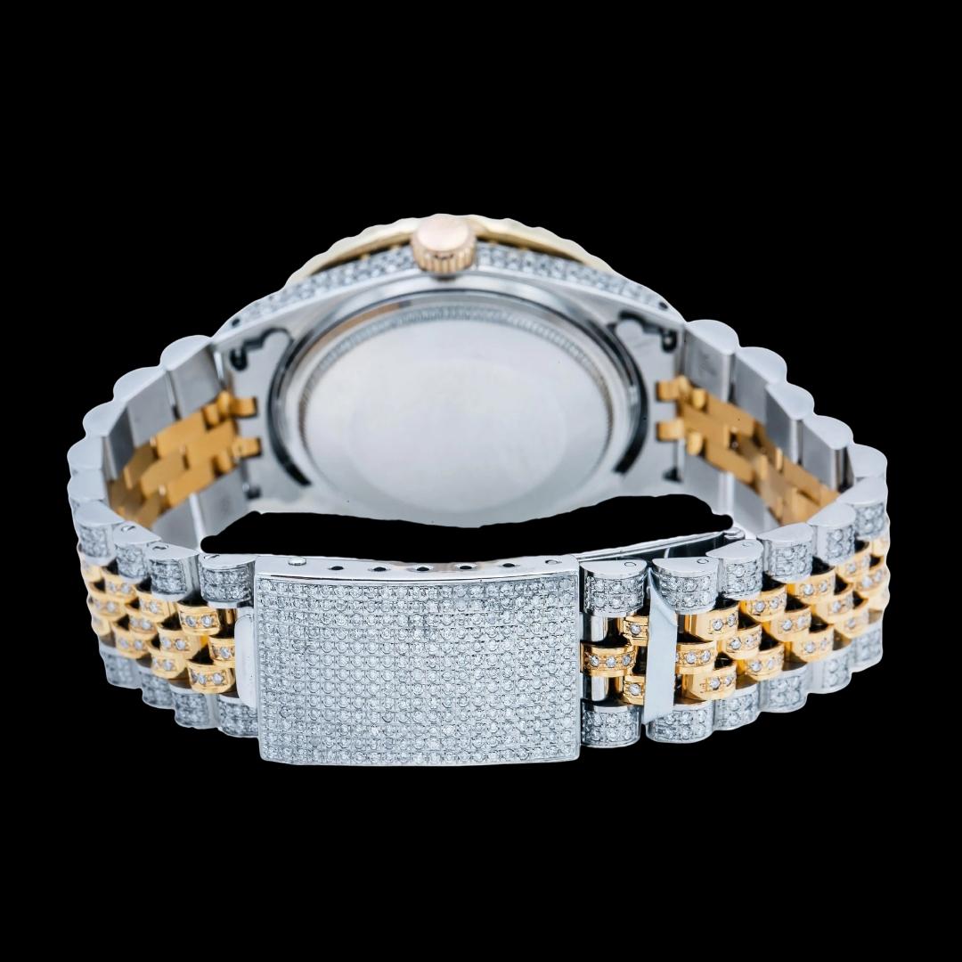Rolex Datejust Champagne Roman Dial Diamond Bezel Two Tone Fully Iced Out Jubilee Bracelet Moissanite Watch Caseback View