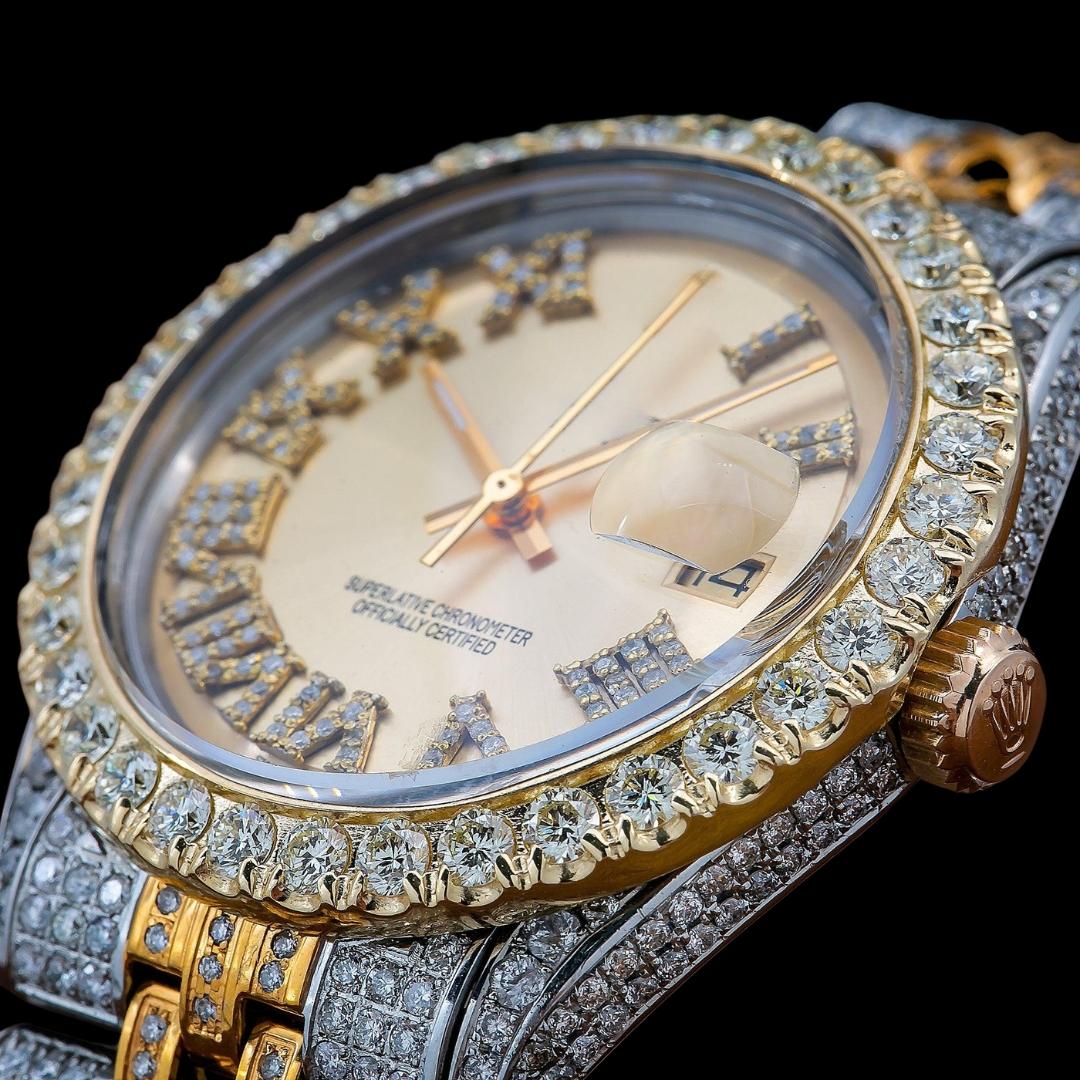 Rolex Datejust Champagne Roman Dial Diamond Bezel Two Tone Fully Iced Out Jubilee Bracelet Moissanite Watch Close Up Bezel View