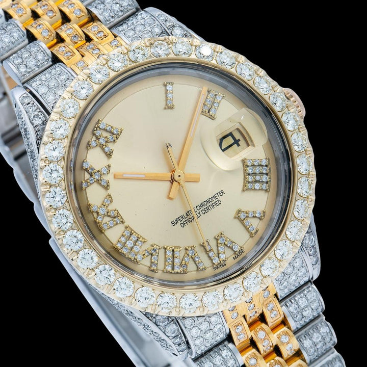 Rolex Datejust Champagne Roman Dial Diamond Bezel Two Tone Fully Iced Out Jubilee Bracelet Moissanite Watch Close Up Dial View