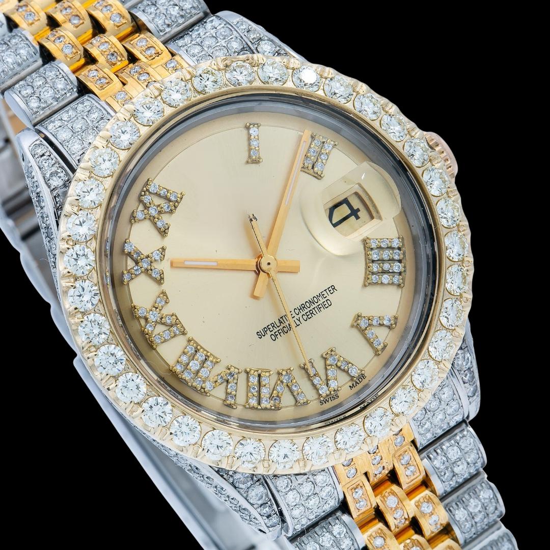 Rolex Datejust Champagne Roman Dial Diamond Bezel Two Tone Fully Iced Out Jubilee Bracelet Moissanite Watch Close Up Dial View