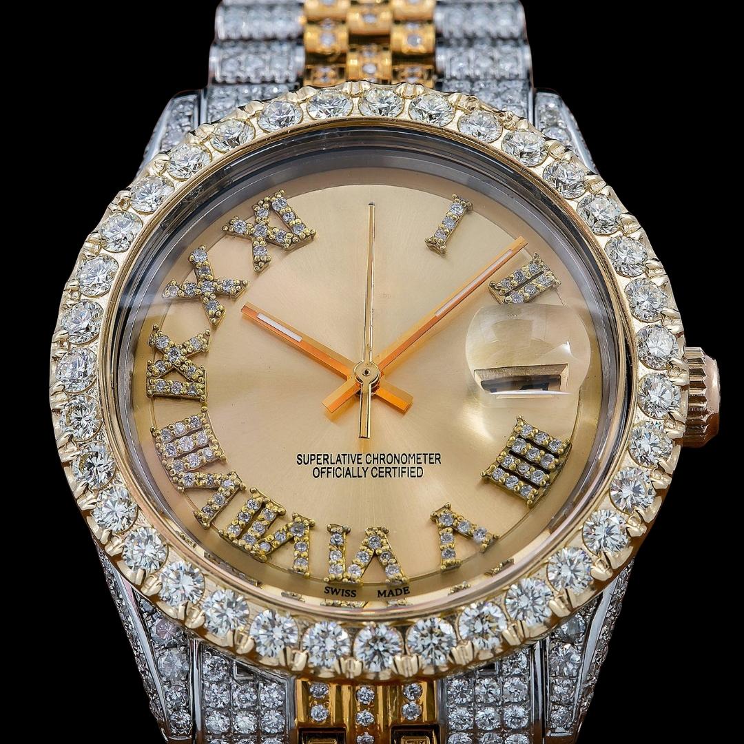 Rolex Datejust Champagne Roman Dial Diamond Bezel Two Tone Fully Iced Out Jubilee Bracelet Moissanite Watch Close Up Numerals View
