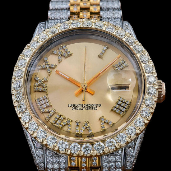 Rolex Datejust Champagne Roman Dial Diamond Bezel Two Tone Fully Iced Out Jubilee Bracelet Moissanite Watch Close Up Numerals View