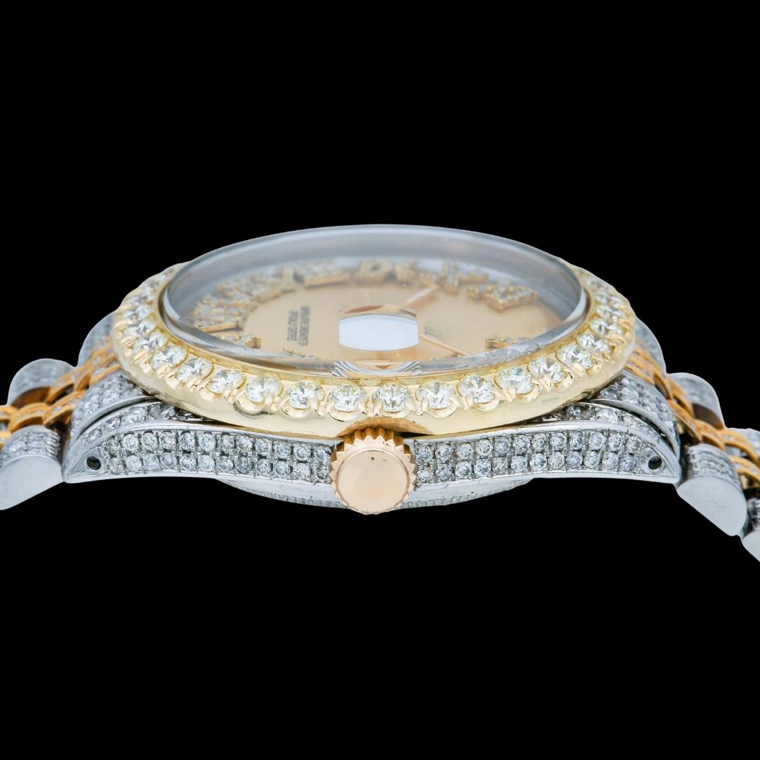 Rolex Datejust Champagne Roman Dial Diamond Bezel Two Tone Fully Iced Out Jubilee Bracelet Moissanite Watch Crown View