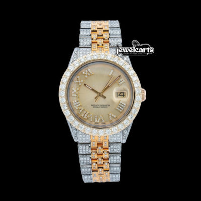 Rolex Datejust Champagne Roman Dial Diamond Bezel Two Tone Fully Iced Out Jubilee Bracelet Moissanite Watch