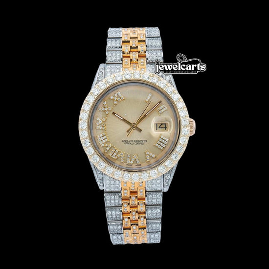 Rolex Datejust Champagne Roman Dial Diamond Bezel Two Tone Fully Iced Out Jubilee Bracelet Moissanite Watch Front View