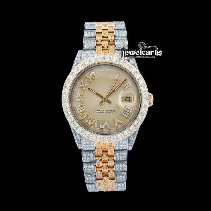 Rolex Datejust Champagne Roman Dial Diamond Bezel Two Tone Fully Iced Out Jubilee Bracelet Moissanite Watch Front View