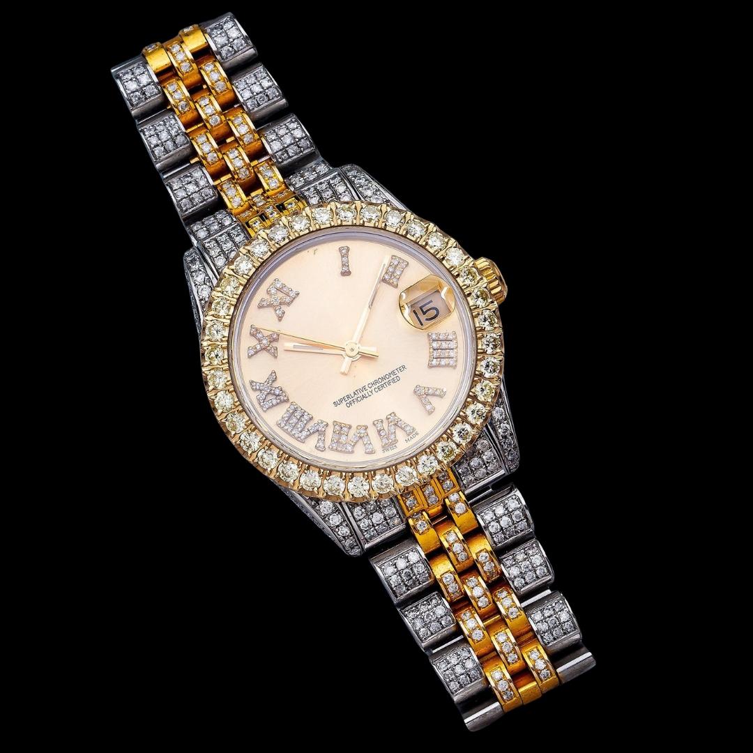 Rolex Datejust Champagne Roman Dial Diamond Bezel Two Tone Yellow Gold Fully Iced Jubilee Bracelet Moissanite Watch Close Up Front View