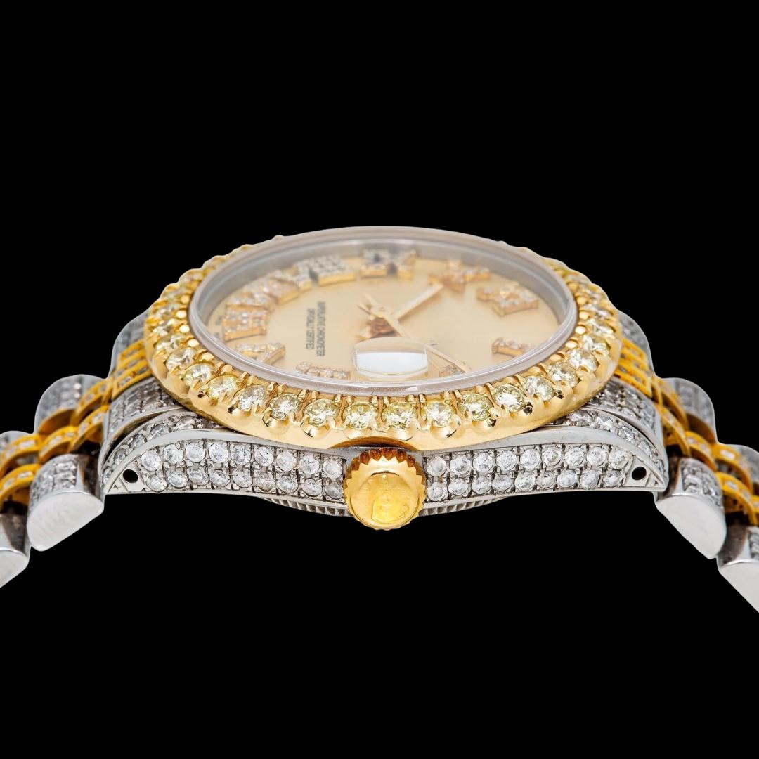 Rolex Datejust Champagne Roman Dial Diamond Bezel Two Tone Yellow Gold Fully Iced Jubilee Bracelet Moissanite Watch Crown View