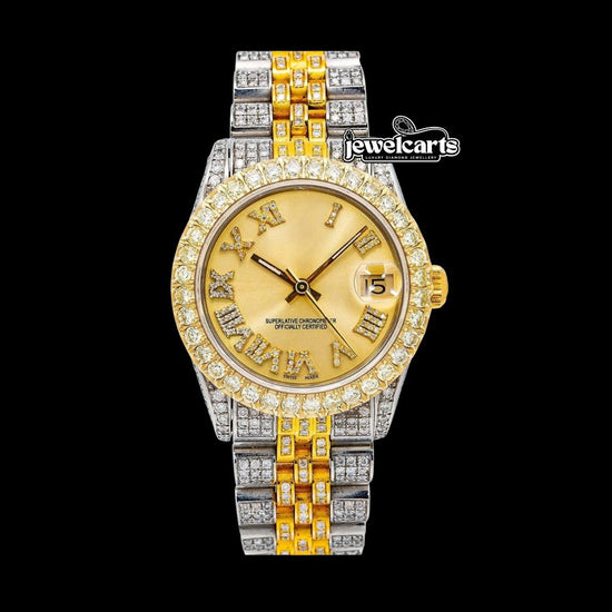 Rolex Datejust Champagne Roman Dial Diamond Bezel Two Tone Yellow Gold Fully Iced Jubilee Bracelet Moissanite Watch Front View