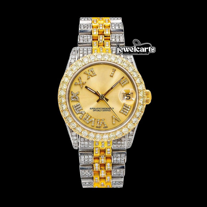 Rolex Datejust Champagne Roman Dial Diamond Bezel Two Tone Yellow Gold Fully Iced Jubilee Bracelet Moissanite Watch Front View