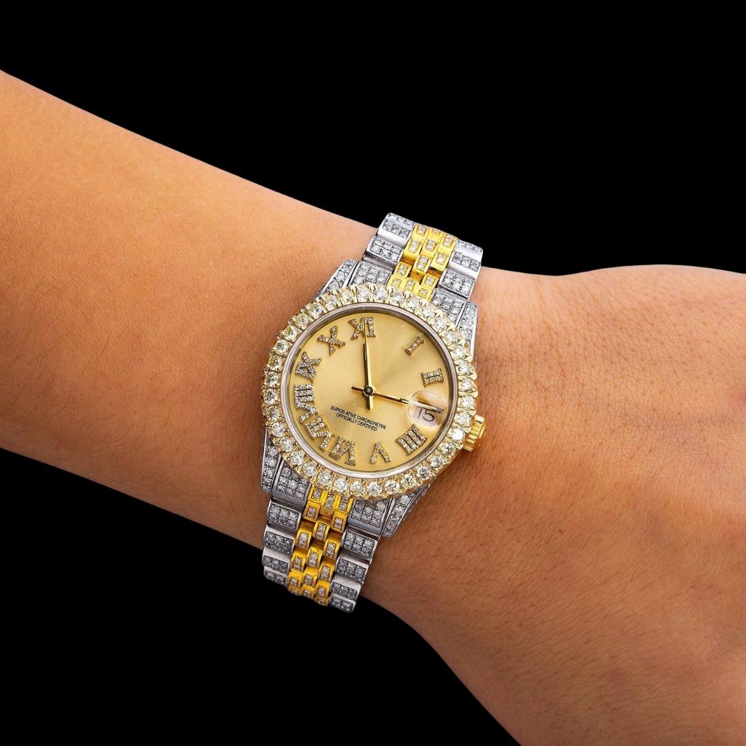 Rolex Datejust Champagne Roman Dial Diamond Bezel Two Tone Yellow Gold Fully Iced Jubilee Bracelet Moissanite Watch On Wrist View