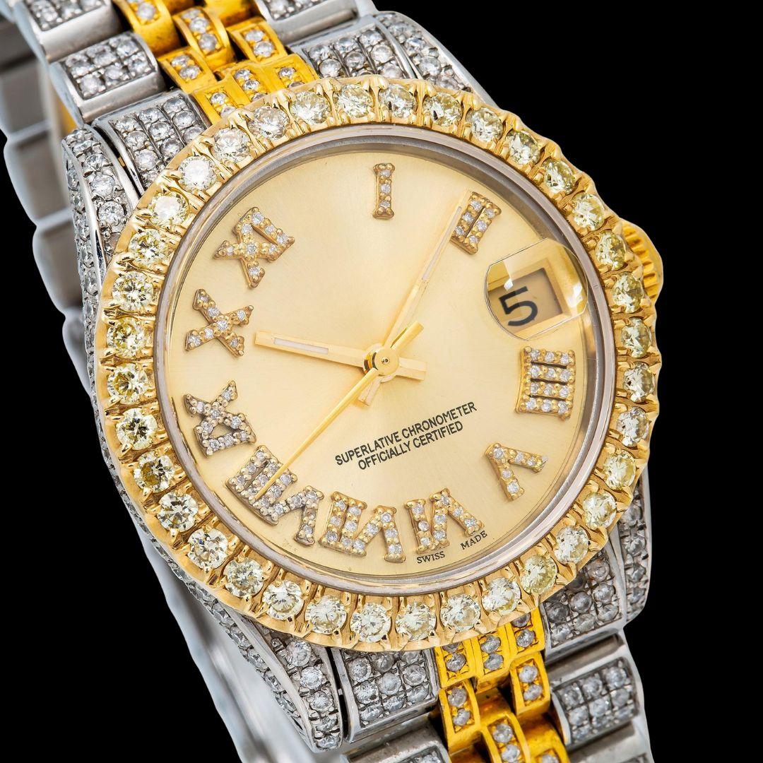 Rolex Datejust Champagne Roman Dial Two Tone Yellow Gold Jubilee Bracelet Moissanite Watch Close Up Dial View