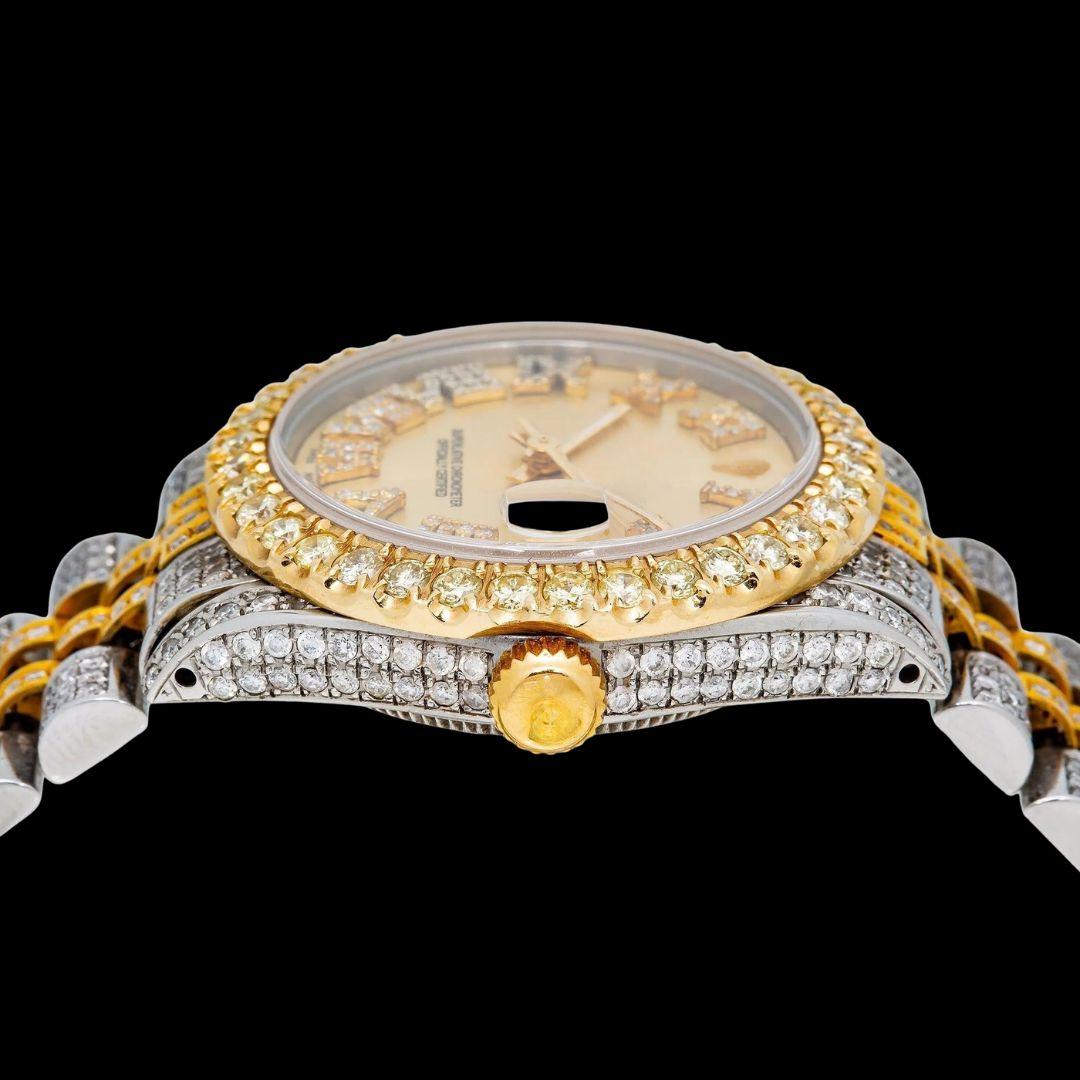 Rolex Datejust Champagne Roman Dial Two Tone Yellow Gold Jubilee Bracelet Moissanite Watch Crown View