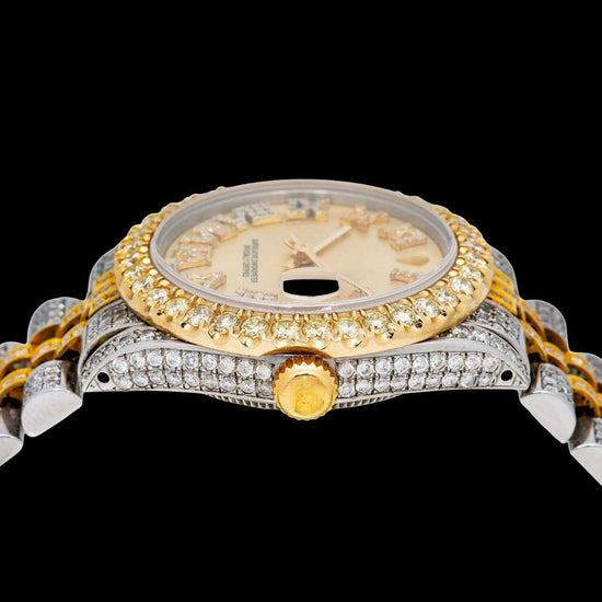 Rolex Datejust Champagne Roman Dial Two Tone Yellow Gold Jubilee Bracelet Moissanite Watch Crown View