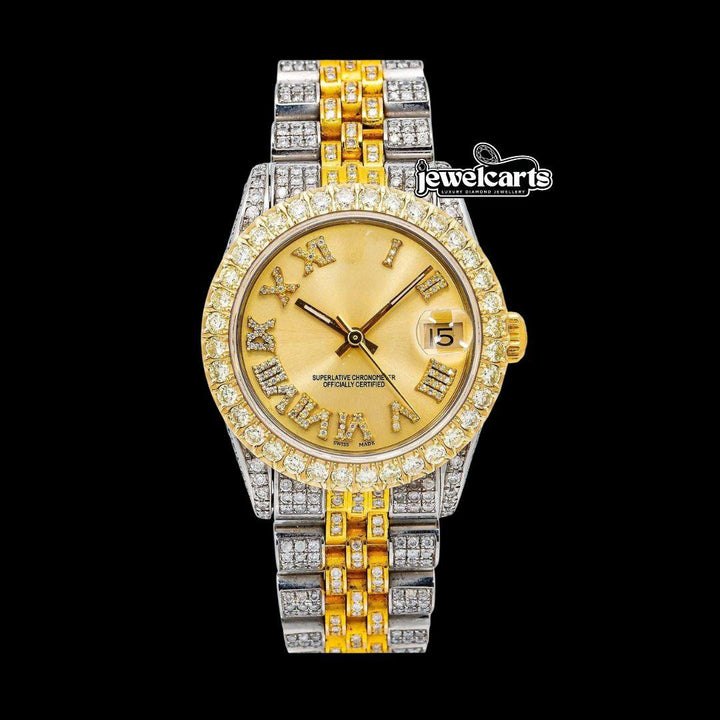 Rolex Datejust Champagne Roman Dial Two Tone Yellow Gold Jubilee Bracelet Moissanite Watch Front View