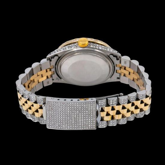 Rolex Datejust Champagne Roman Diamond Dial Jubilee Bracelet Two Tone Yellow Gold Moissanite Watch Caseback View