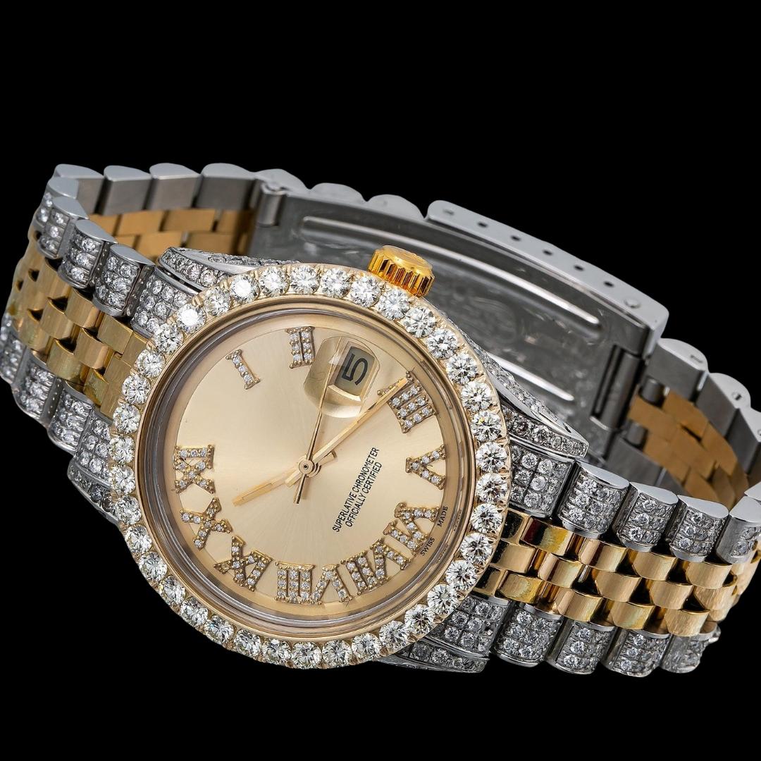 Rolex Datejust Champagne Roman Diamond Dial Jubilee Bracelet Two Tone Yellow Gold Moissanite Watch Close Up Front View