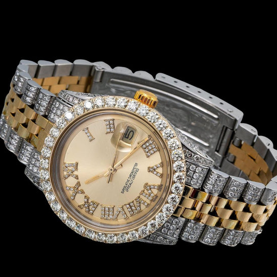 Rolex Datejust Champagne Roman Diamond Dial Jubilee Bracelet Two Tone Yellow Gold Moissanite Watch Close Up Front View