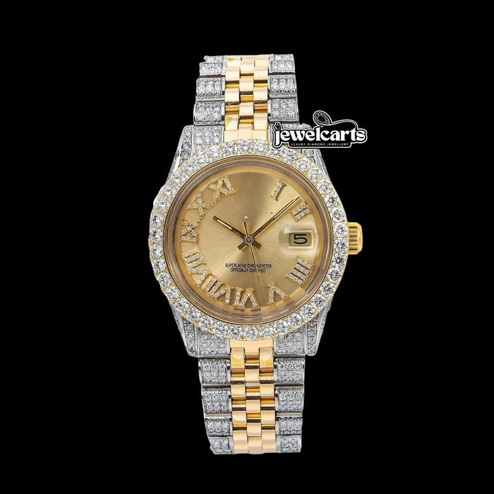 Rolex Datejust Champagne Roman Diamond Dial Jubilee Bracelet Two Tone Yellow Gold Moissanite Watch Front View