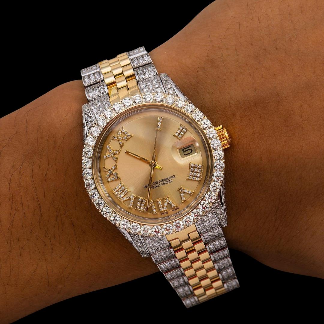 Rolex Datejust Champagne Roman Diamond Dial Jubilee Bracelet Two Tone Yellow Gold Moissanite Watch On Wrist View