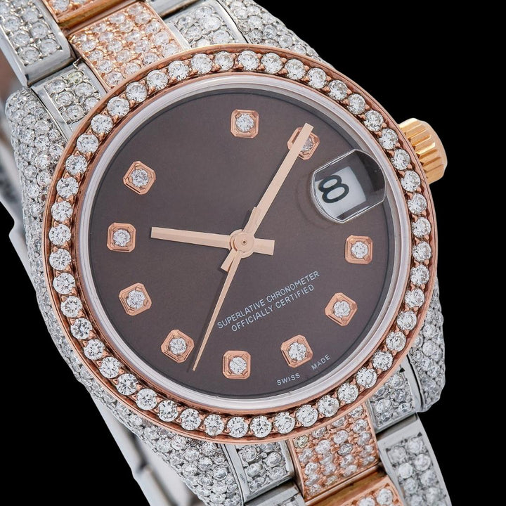 Rolex Datejust Chocolate Dial Diamond Markers Two Tone Rose Gold Oyster Bracelet Moissanite Watch Close Up Dial View