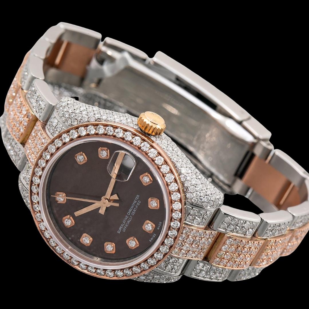 Rolex Datejust Chocolate Dial Diamond Markers Two Tone Rose Gold Oyster Bracelet Moissanite Watch Close Up Front View