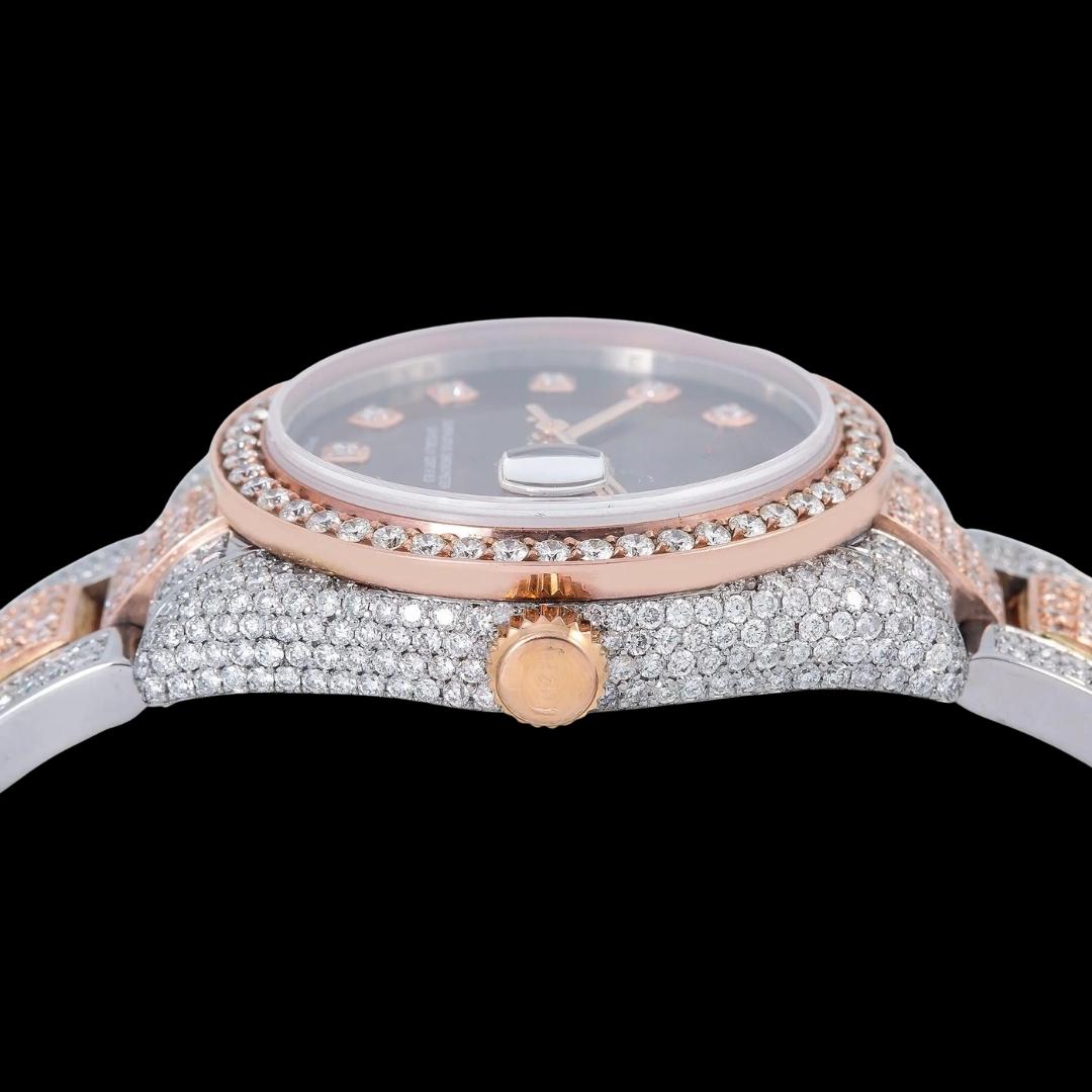 Rolex Datejust Chocolate Dial Diamond Markers Two Tone Rose Gold Oyster Bracelet Moissanite Watch Crown View