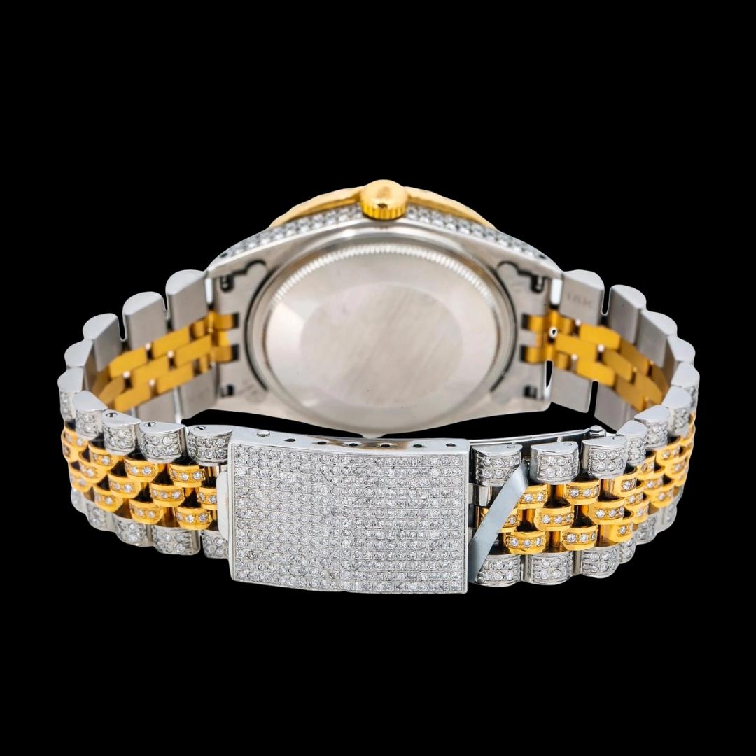 Rolex Datejust Dial Diamond Arabic Numerals Two Tone Yellow Gold Iced Out Jubilee Bracelet Moissanite Watch Caseback View