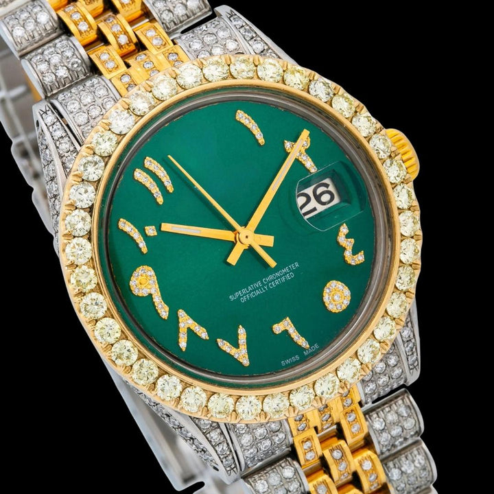 Rolex Datejust Dial Diamond Arabic Numerals Two Tone Yellow Gold Iced Out Jubilee Bracelet Moissanite Watch Close Up Dial View