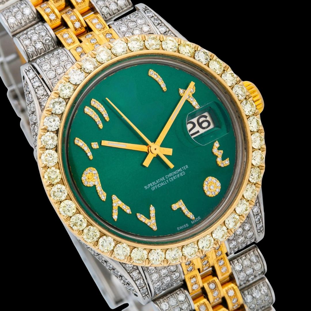 Rolex Datejust Dial Diamond Arabic Numerals Two Tone Yellow Gold Iced Out Jubilee Bracelet Moissanite Watch Close Up Dial View
