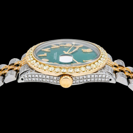 Rolex Datejust Dial Diamond Arabic Numerals Two Tone Yellow Gold Iced Out Jubilee Bracelet Moissanite Watch Crown View