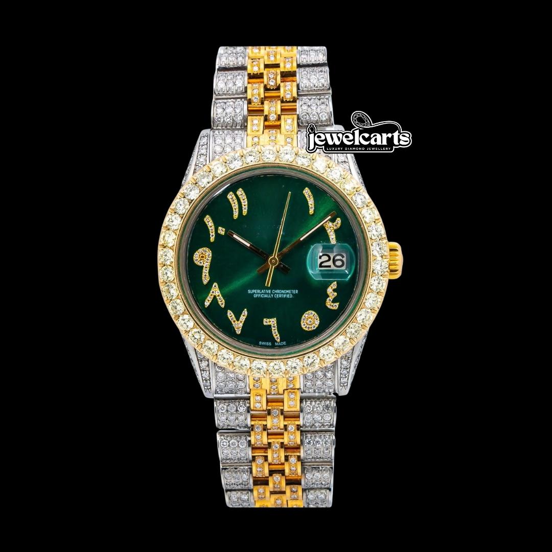 Rolex Datejust Dial Diamond Arabic Numerals Two Tone Yellow Gold Iced Out Jubilee Bracelet Moissanite Watch Front View