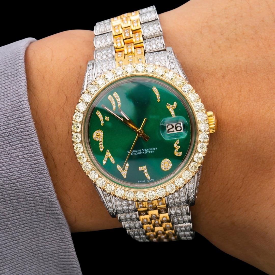Rolex Datejust Dial Diamond Arabic Numerals Two Tone Yellow Gold Iced Out Jubilee Bracelet Moissanite Watch On Wrist View
