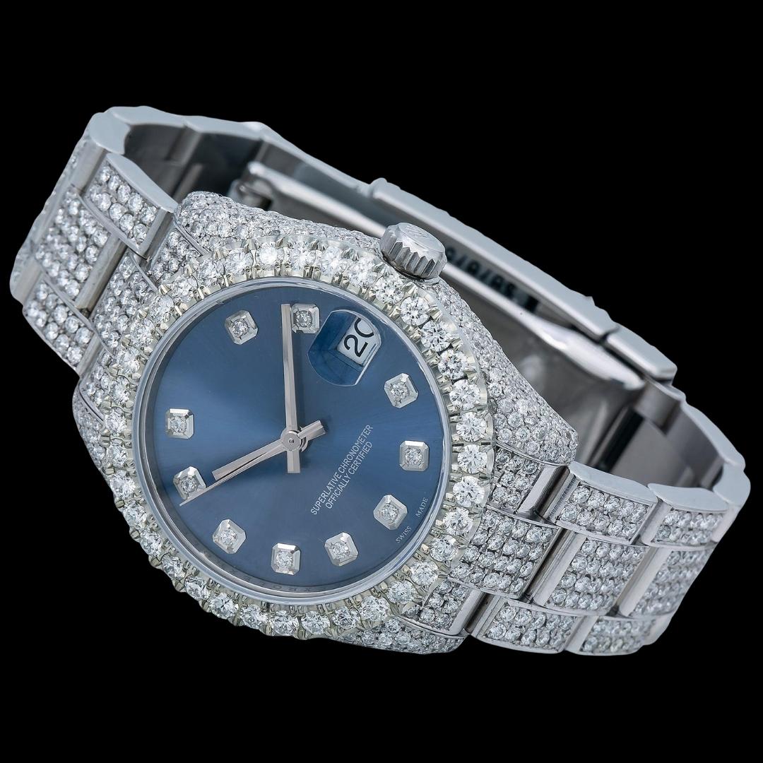 Rolex Datejust Dial Diamond Markers Jubilee Bracelet Fully Iced Out Moissanite Diamond Watch Close Up Front View