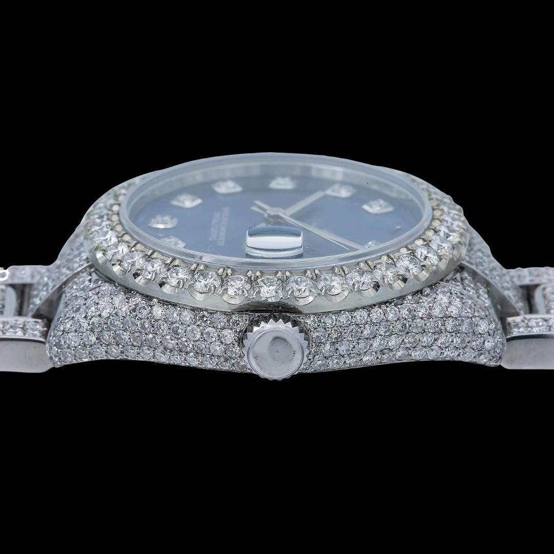 Rolex Datejust Dial Diamond Markers Jubilee Bracelet Fully Iced Out Moissanite Diamond Watch Crown View