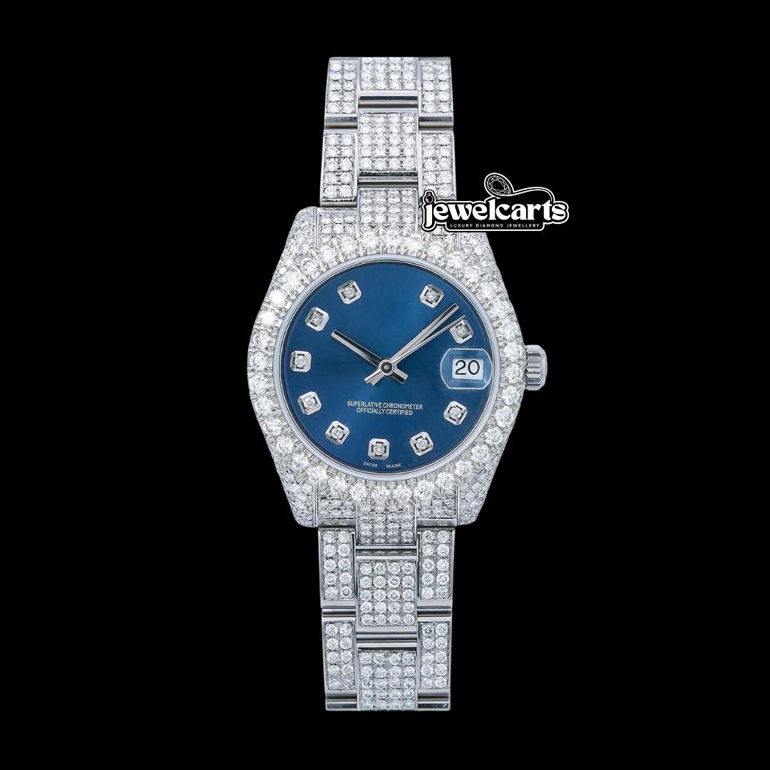 Rolex Datejust Dial Diamond Markers Jubilee Bracelet Fully Iced Out Moissanite Diamond Watch Front View