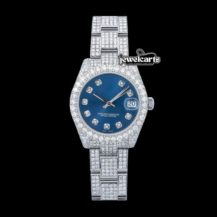 Rolex Datejust Dial Diamond Markers Jubilee Bracelet Fully Iced Out Moissanite Diamond Watch Front View