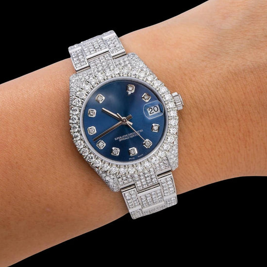 Rolex Datejust Dial Diamond Markers Jubilee Bracelet Fully Iced Out Moissanite Diamond Watch On Wrist View