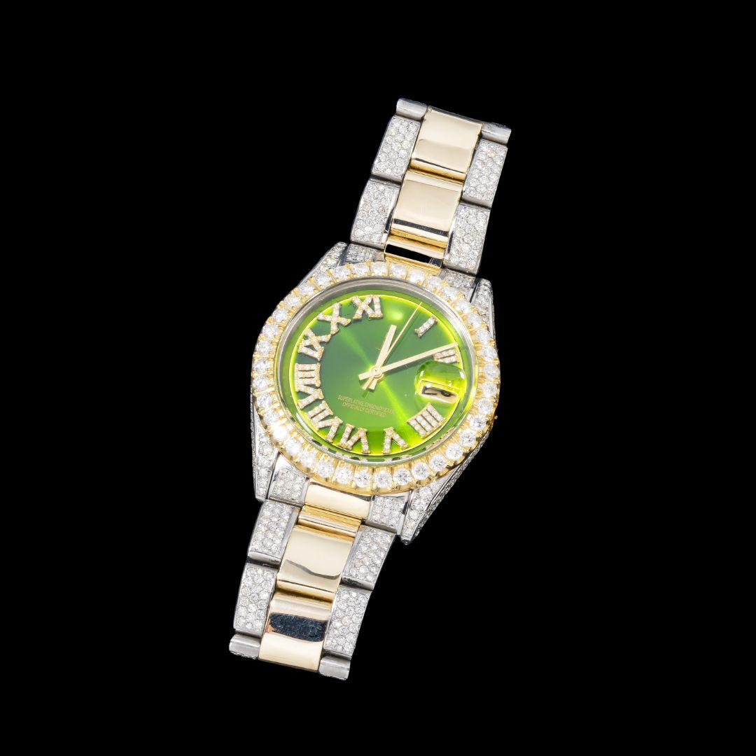 Rolex Datejust Dial Diamond Roman Numerals Two Tone Iced Out Oyster Bracelet Yellow Gold Moissanite Watch Close Up Front View