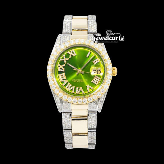 Rolex Datejust Dial Diamond Roman Numerals Two Tone Iced Out Oyster Bracelet Yellow Gold Moissanite Watch Front View