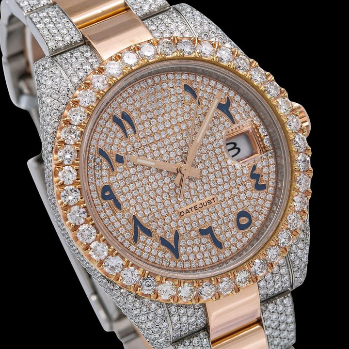 Rolex Datejust Diamond Bezel Arabic Dial Two Tone Rose Gold Oyster Bracelet Moissanite Watch Close Up Dial View