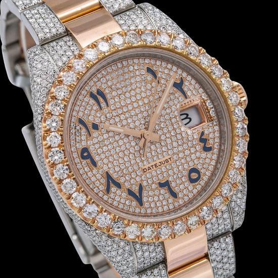 Rolex Datejust Diamond Bezel Arabic Dial Two Tone Rose Gold Oyster Bracelet Moissanite Watch Close Up Dial View