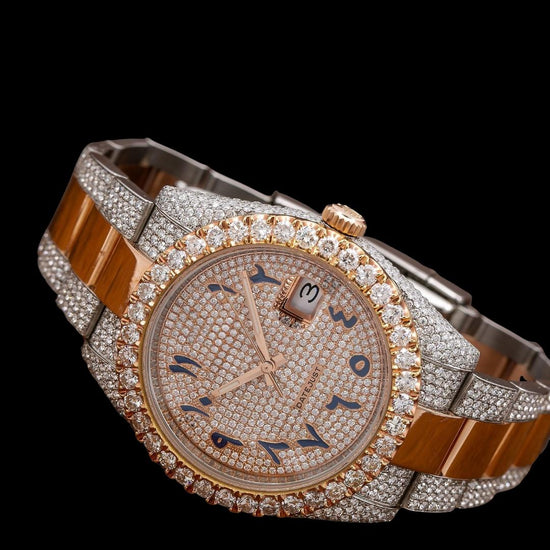 Rolex Datejust Diamond Bezel Arabic Dial Two Tone Rose Gold Oyster Bracelet Moissanite Watch Close Up Front View