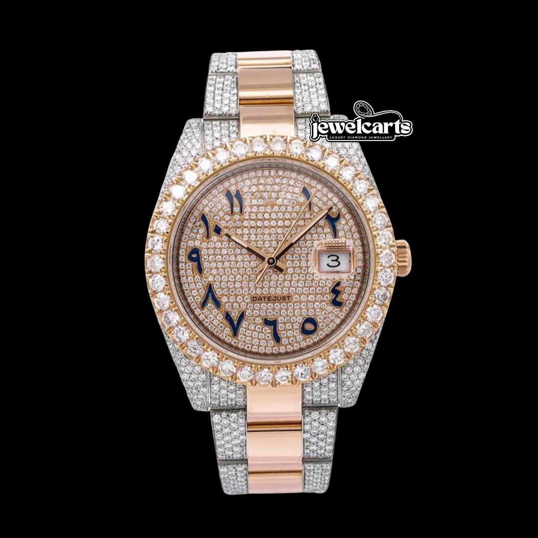 Rolex Datejust Diamond Bezel Arabic Dial Two Tone Rose Gold Oyster Bracelet Moissanite Watch Front View