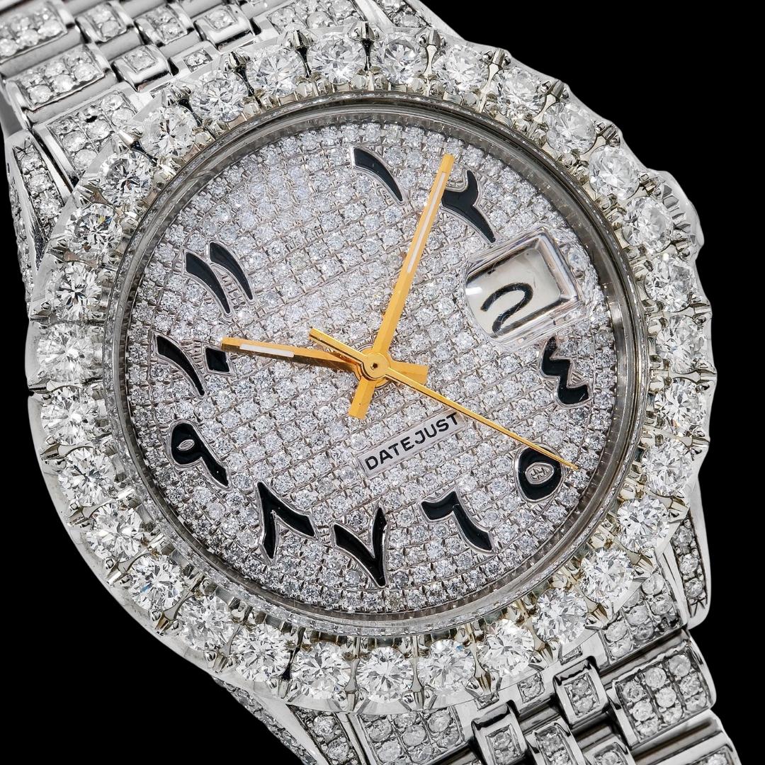 Rolex Datejust Diamond Dial Black Arabic Numerals Jubilee Bracelet Iced Out Moissanite Watch Close Up Dial View