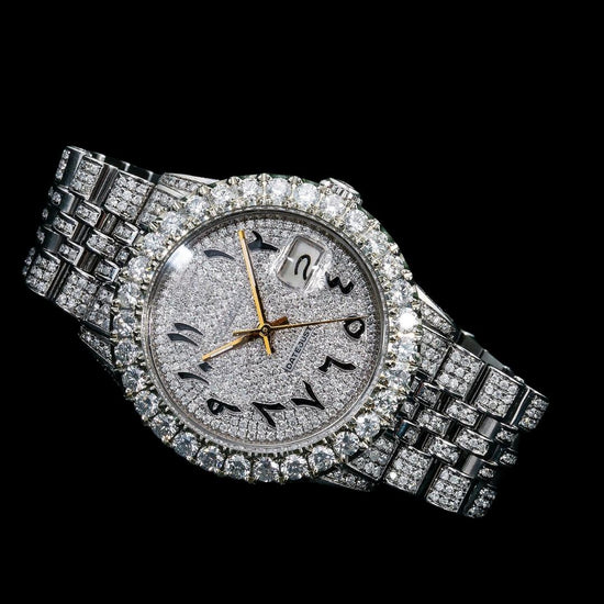 Rolex Datejust Diamond Dial Black Arabic Numerals Jubilee Bracelet Iced Out Moissanite Watch Close Up Front View
