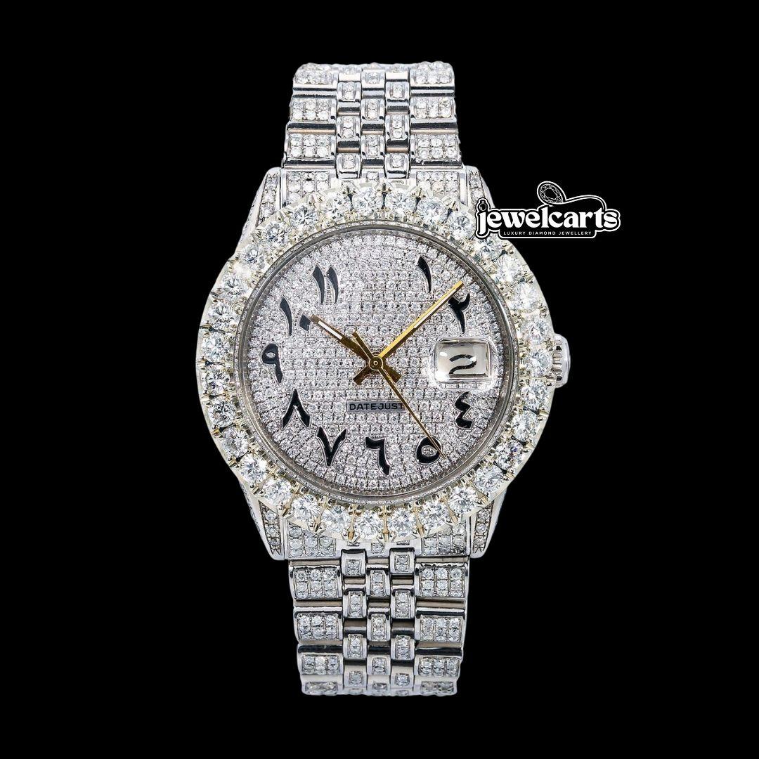 Rolex Datejust Diamond Dial Black Arabic Numerals Jubilee Bracelet Iced Out Moissanite Watch Front View