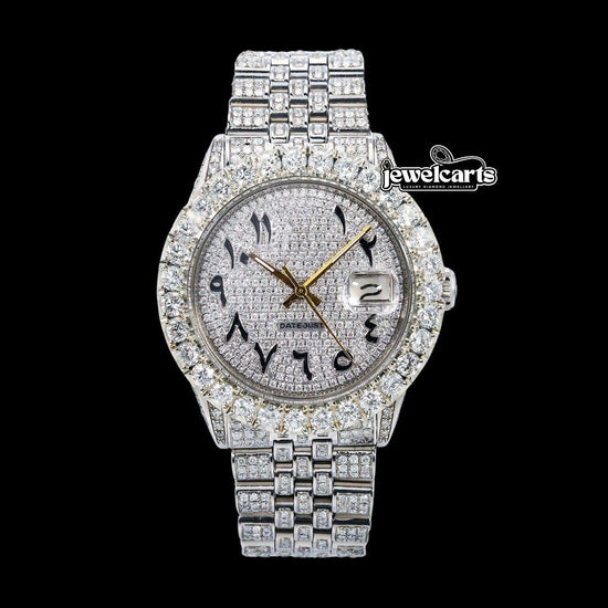 Rolex Datejust Diamond Dial Black Arabic Numerals Jubilee Bracelet Iced Out Moissanite Watch Front View